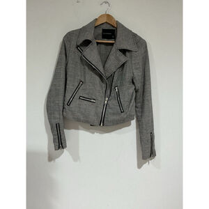 Woman’s Olivaceous Black Plaid Zip Up Cropped Motor Cycle Jacket Medium